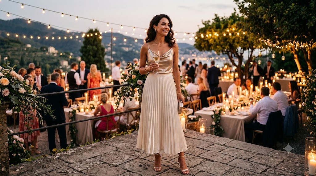 Champagne Gold Metallic Silk Cami & Pleated Cream Skirt